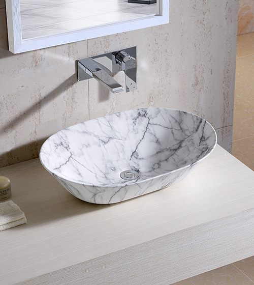 Carrara Marble-Finish Ceramic Table-Mounted Wash Basin – Aquant India